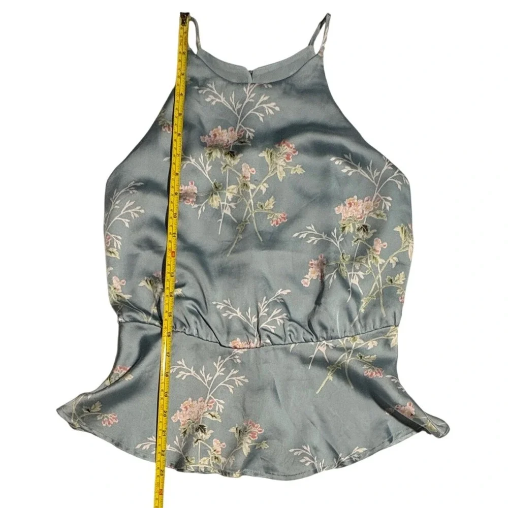 Lush Blue Floral Satin Peplum Halter Top Sleeveless High Neck Medium Cottagecore - Picture 6 of 9